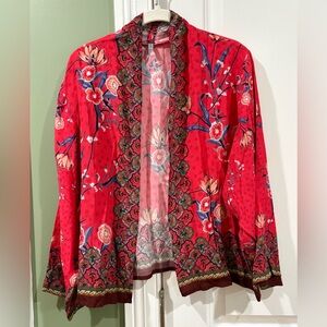 Pink Floral One-Size Open Kimono with Scalloped Trim